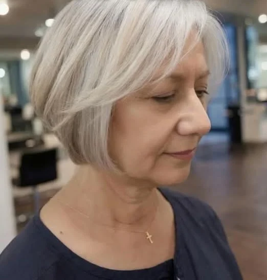 A client's chin-length silver bob with soft movement, cut by Ani